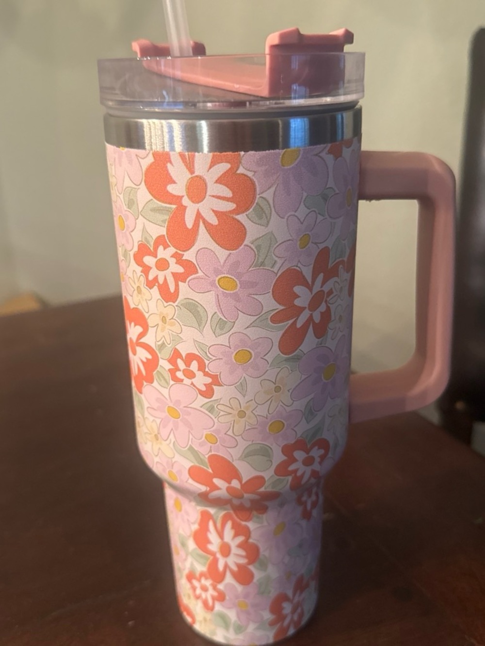 Floral Pink Insulated Tumbler with Handle